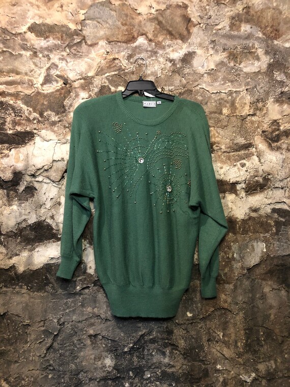 VINTAGE 80s Bedazzled Green Knit 