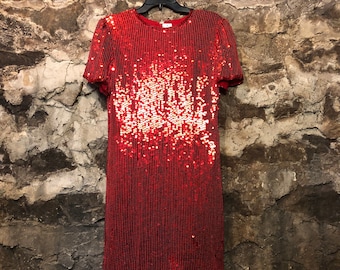 VINTAGE 80s Red Silk Sequin Dress