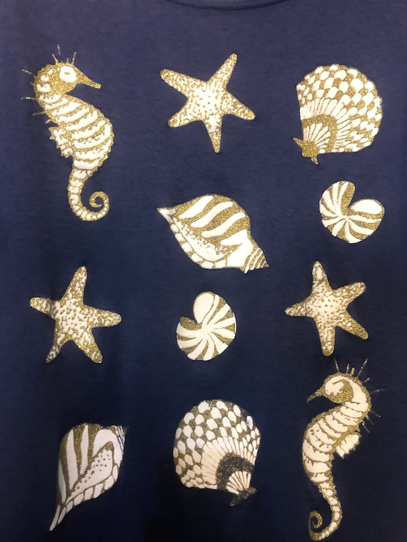VINTAGE Ocean Theme Sea Horse Shell Painted Shirt… - image 2