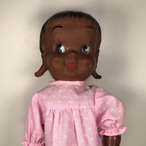 1950’s Reliable Canada Rubber Squeaker Black Girl Doll In Pink Nightie