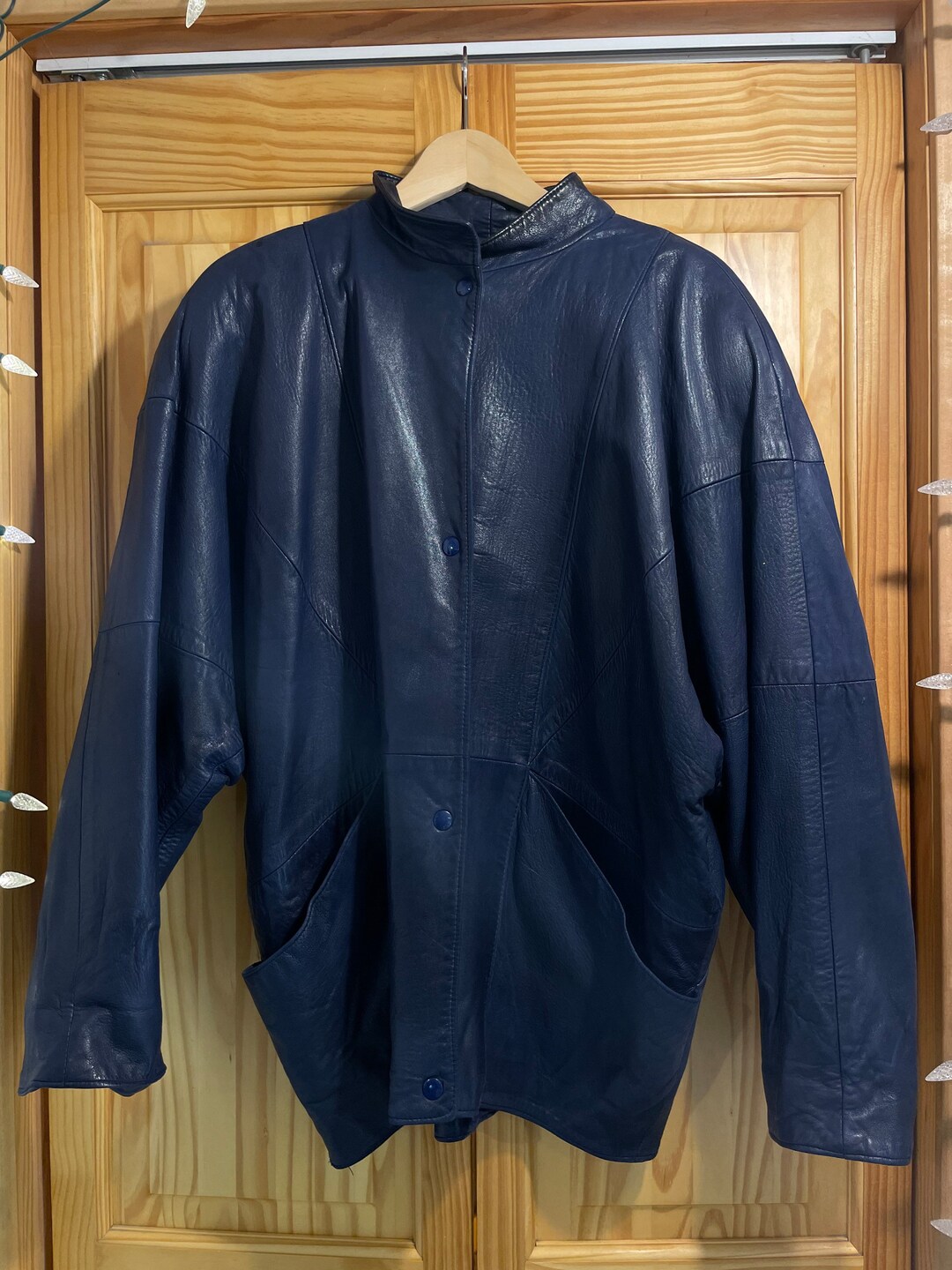 VINTAGE Dark Blue Leather Jacket With Snap Buttons - Etsy