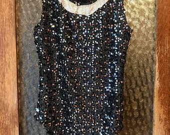 VINTAGE Sequin Silver/Black Body Suit with glitter Gold Collar
