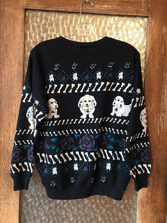 Vintage Black Dog Sweater with Bones & Roses Gem