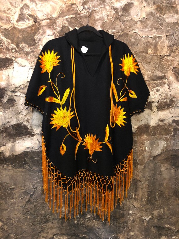 VINTAGE Gold Embroidered Mexican Poncho