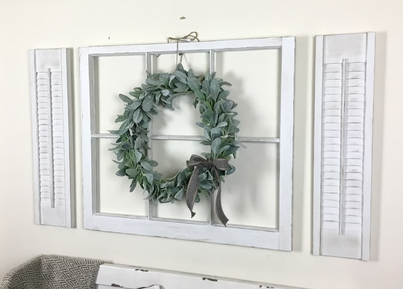 Farmhouse Window Frame with Shutters and Lamb's Ear Wreath image 0