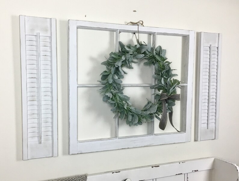 Farmhouse Window Frame with Shutters and Lamb's Ear Wreath image 3