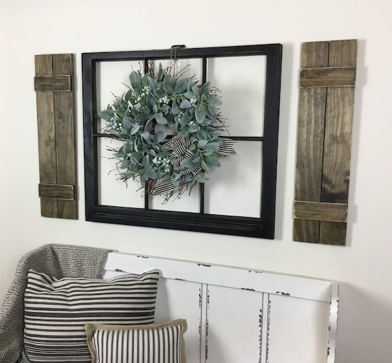 Farmhouse Window Frame With Board And Batten Shutters And Rustic Lamb S Ear Wreath