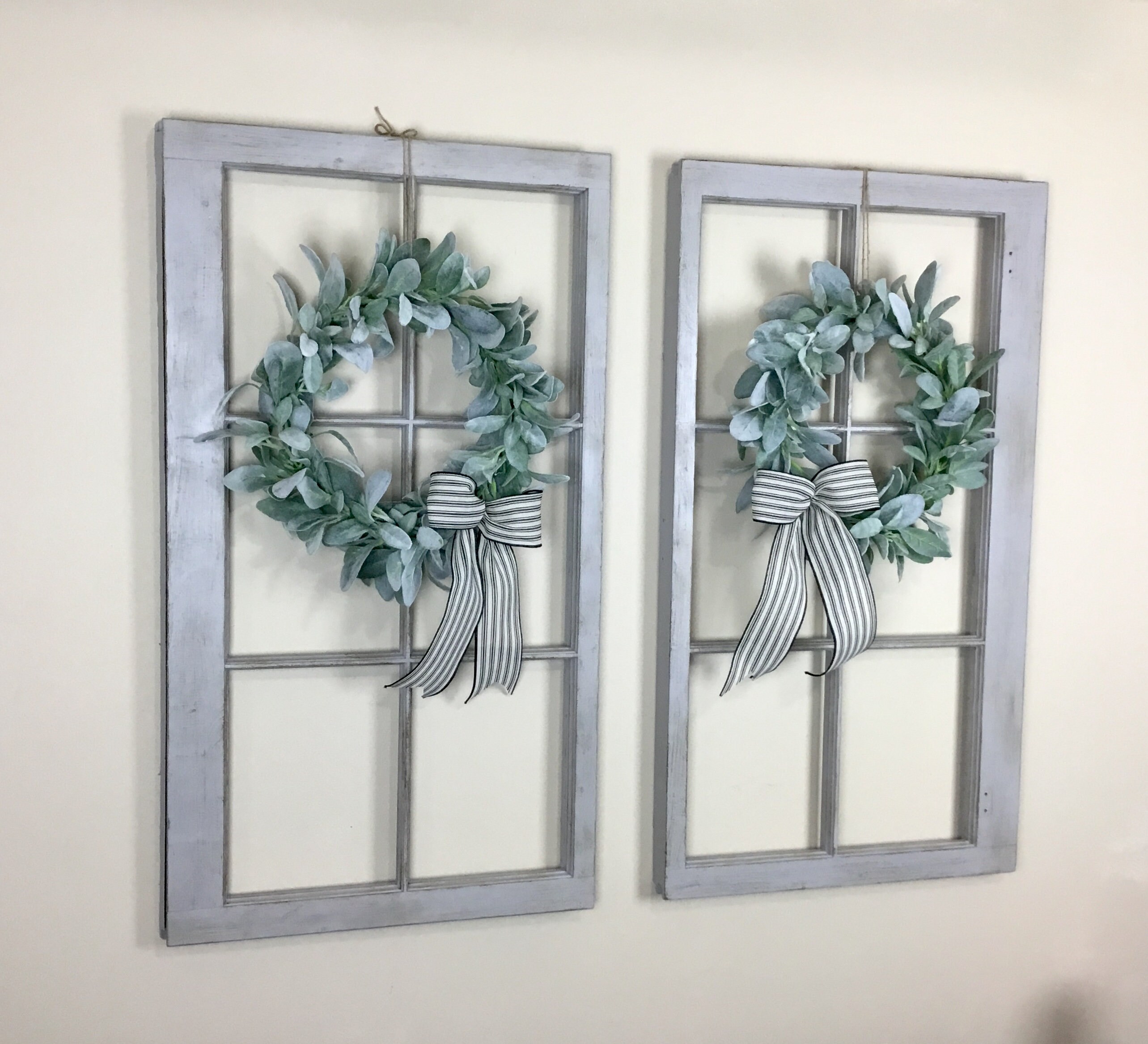 pix Old Window Frame With Wreath farmhouse vertical window frames with lamb s ear wreaths