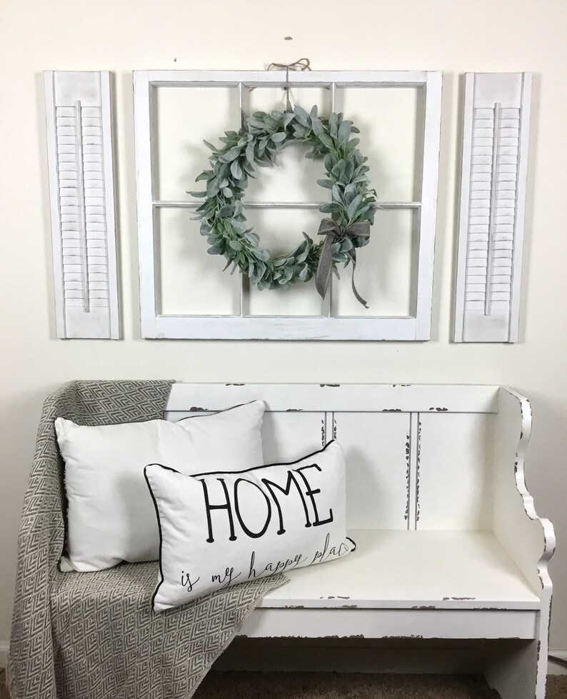 Farmhouse Window Frame with Shutters and Lamb's Ear Wreath image 1
