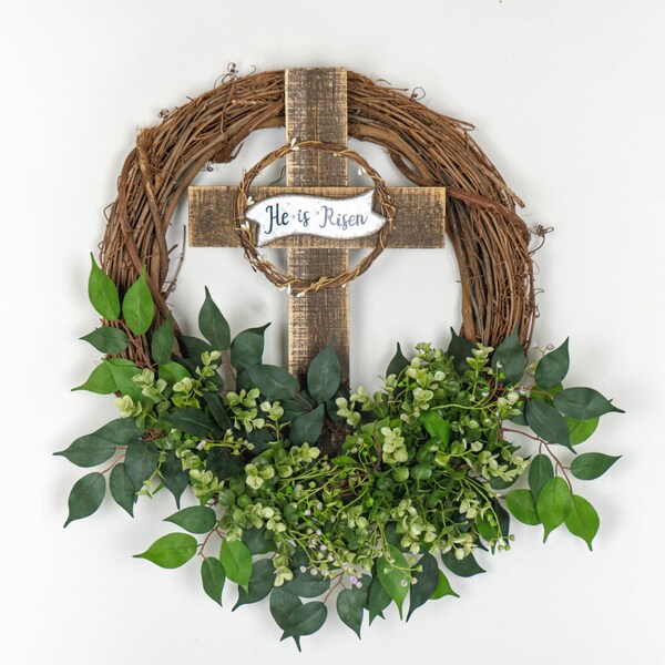 Spring Wreath with Cross, Easter Wreath, Resurrection Wreath, He is Risen Wreath