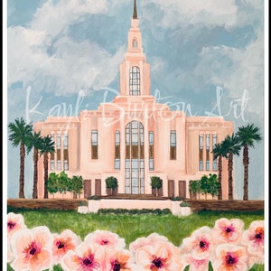 May include: A painting of a pink temple with a tall spire and a golden statue on top. The temple is surrounded by palm trees and a field of pink flowers. The sky is blue with white clouds.