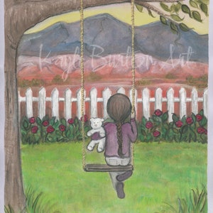 May include: A watercolour painting of a girl sitting on a swing with a teddy bear. The girl is wearing a purple shirt and has long brown hair. The swing is hanging from a tree branch and the background is a red and green landscape with mountains in the distance.