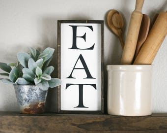 EAT sign, small EAT wooden sign, 12x6, kitchen wall decor, kitchen eat sign, vintage style wooden sign, kitchen wall art, shelf sign,