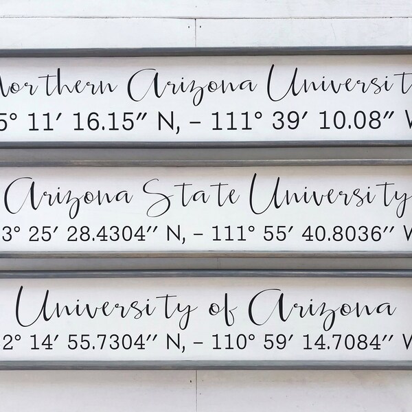 Latitude and longitude coordinates wood sign with college, hometown, first home, place you met, where our story began or choice of text