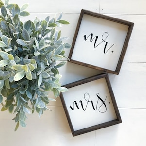 Mr and Mrs wood chair signs, mr mrs signs for back of pew, mr and mrs wedding table decor, mr mrs engagement photo signs, bridal shower gift