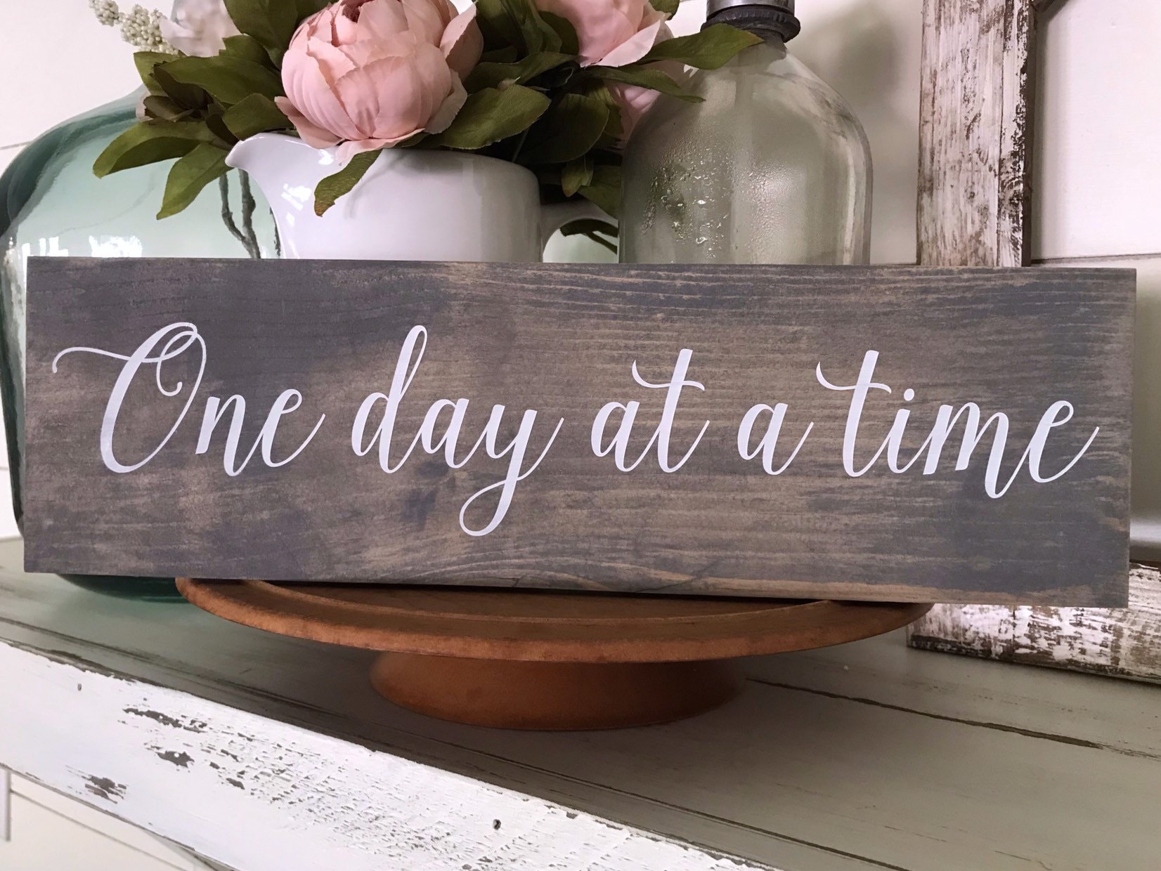 wood sign modern positive rustic just keep going framed farmhouse One Day at a Time small inspirational quote gift