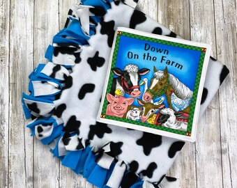 Cloth Book, Down on the Farm Book and Cow Themed Tied Fleece Blanket, Gift Set