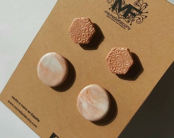 Rose gold hexagonal and round stud set, handmade with polymer clay, stainless steel posts, unique designer earrings, made in Spain