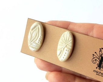Champagne handmade leaf stud earrings, small oval polymer clay earrings