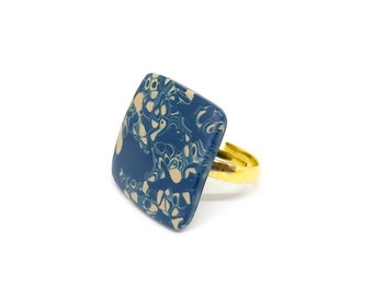 Handmade blue statement ring, adjustable gold polymer clay ring