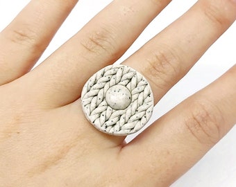 Dunta beige tweed knit polymer clay ring, handmade and adjustable, silver plated base, unique ring, designer jewelry, statement ring