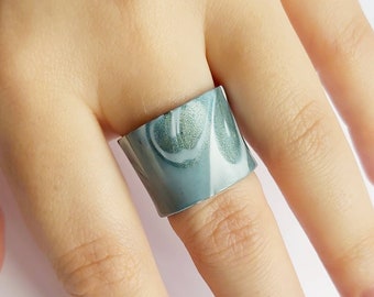 Marbled statement teal band ring, handmade with polymer clay, light weight, boho, swirly, wide, abstract, artistic designer ring