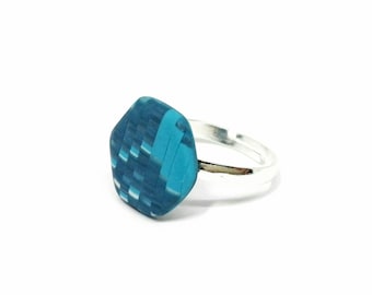 Handmade hexagonal patterned turquoise ring, polymer clay, silver plated, designer ring, unique ring, trendy accessory, gift for her