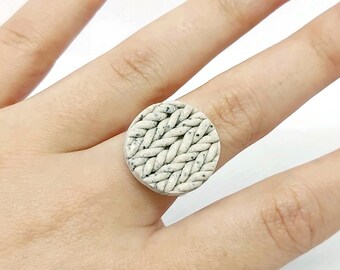 Beige tweed knit polymer clay ring, handmade adjustable ring, unique ring, silver plated ring, designer jewelry, trendy jewelry,gift for her