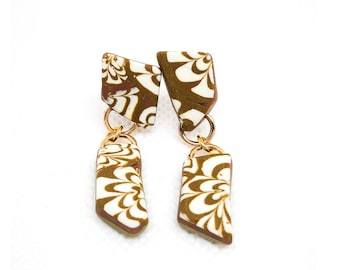Brown asymmetrical handmade earrings with gold plated findings, flower design in polymer clay, stylish accessory, perfect gift for woman