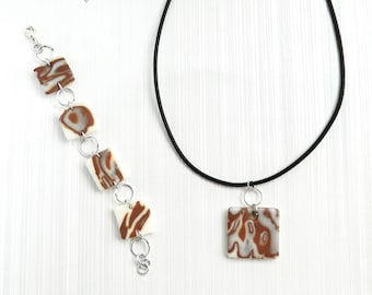 Brown and white necklace and bracelet set, handmade, polymer clay, leather, silver plated zamak, jewelry designer, women's gift