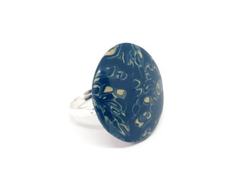 Blue Honua circular ring, handmade with polymer clay, silver plated, adjustable, designer jewelry, unique ring, stylish, statement ring