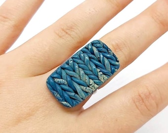 Blue Dunta knit rectangular ring, handmade with gradient polymer clay, silver plated, unique ring, designer jewelry, elegant, minimalist