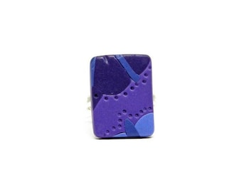 Purple adjustable rectangular ring, handmade with polymer clay, silver-plated, unique ring, designer jewelry, perfect gift for her, trendy