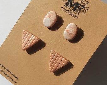Rose gold triangular and oval stud set, handmade with polymer clay, stainless steel posts, unique designer earrings, made in Spain