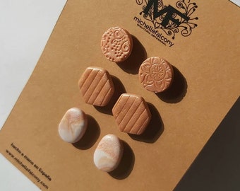 Rose gold 3-pair stud set, handmade with polymer clay, marbled and textured, stainless steel posts, unique designer earrings, made in Spain