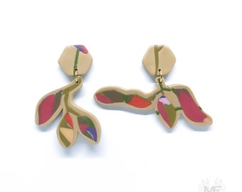 Colorful leaf earrings, handmade polymer clay dangles, gold plated designer earrings