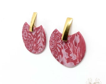 Eye-catching crescent earrings | Rose faux cloth dangles | Burgundy handmade statement jewelry | Handcrafted batik patterned jewel