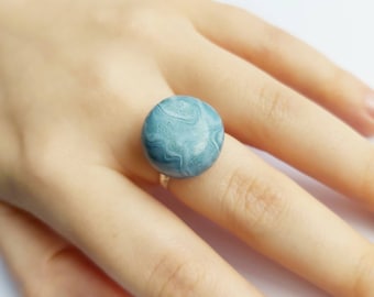 Marbled teal statement ring, handmade with polymer clay, silver plated, adjustable, lightweight, simple and unique, minimalist designer ring
