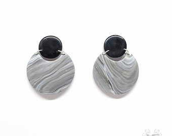 Handmade black, gray and white marbled polymer clay earrings, silver-plated findings, lightweight, unique design, designer jewelry