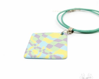 Checkered handmade necklace, polymer clay pendant, silver plated, leather, designer jewelry, unique necklace, trendy woman's gift
