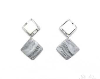 Diamond-shaped handmade gray and white marbled polymer clay earrings, silver-plated, unique design, designer jewelry, gift for her