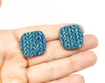 Blue Dunta knit square earrings, handmade with gradient polymer clay, silver plated posts, unique studs, designer jewelry, elegant jewelry
