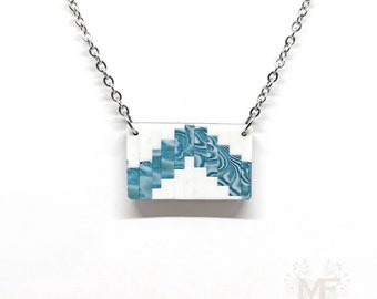 Arizona rectangular teal ethnic pendant necklace, handmade with polymer clay, stainless steel, lightweight, unique designer necklace