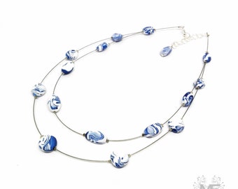 Handmade white and blue 2-strand necklace, polymer clay, wire, stainless steel, unique design, designer jewelry,stylish