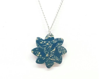 Blue Honua Flower Pendant Necklace: Handmade Polymer Clay, Silver Plated
