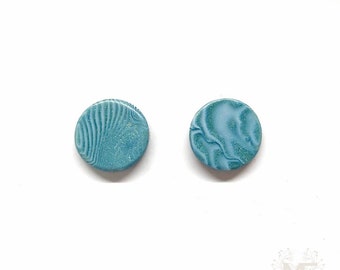 Marbled round teal studs, handmade with polymer clay, silver plated posts, lightweight, simple and unique, minimalist designer earrings