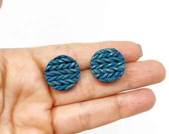 Blue Dunta knit circular stud, handmade with gradient polymer clay, silver plated, unique earrings, designer jewelry, elegant, minimalist