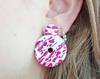Handmade fucshia and white statement earrings, polymer clay, gold-plated, designer jewelry, unique earrings, trendy earrings, gift for her