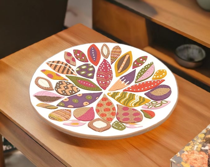 Featured listing image: Colorful Leaf Pattern Plate, Artisan Polymer Clay Dish with Textured Details, One-of-a-Kind Artisan Home Decor, Custom Centerpiece