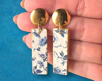 Long blue and white floral handmade polymer clay earrings